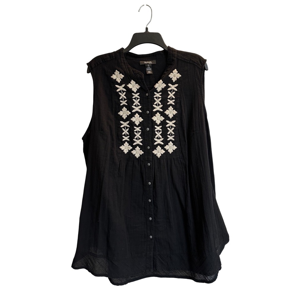 Style & Co Woman Black Embroidered Cotton Gauze Sleeveless Button Down Top 3X